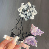 Crystal Flower And Butterfly Carving With Dwarf Metal Stand (Mixed Materials)