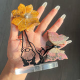 Crystal Flower And Butterfly Carving With Dwarf Metal Stand (Mixed Materials)